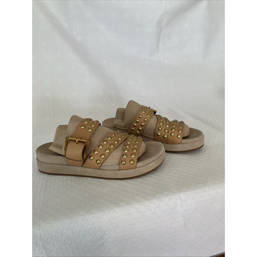 MICHAEL KORS Women's ANSEL Studded Leather Slide Sandal 7M Nude Beige EUC